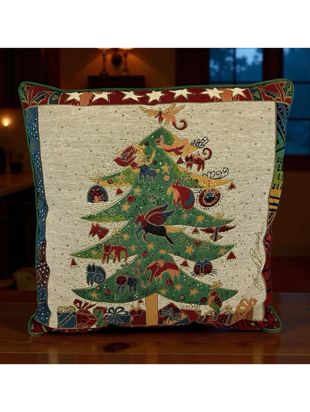 Laurel Burch Christmas Tree Cats Tapestry Throw Pillow 18” Green Velour Back